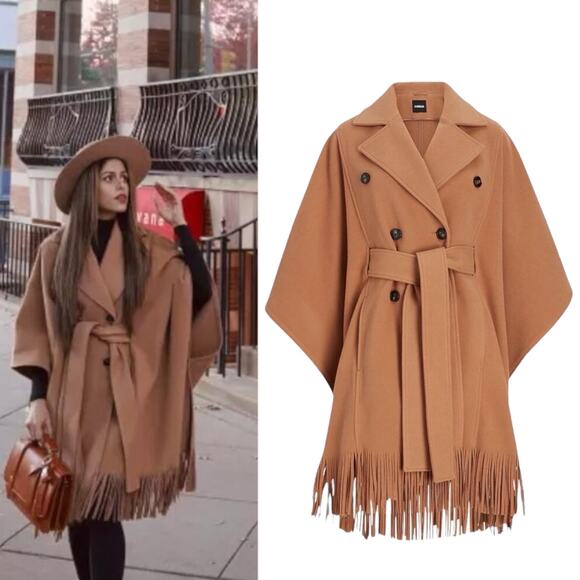 Express Fringe Belted Cape Poncho Coat Butterscotch Camel Size M/L - Picture 4 of 12